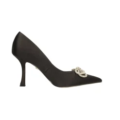Décolleté in tessuto satin.. con fiocco tempestato di strass. Tacco alto 9cm